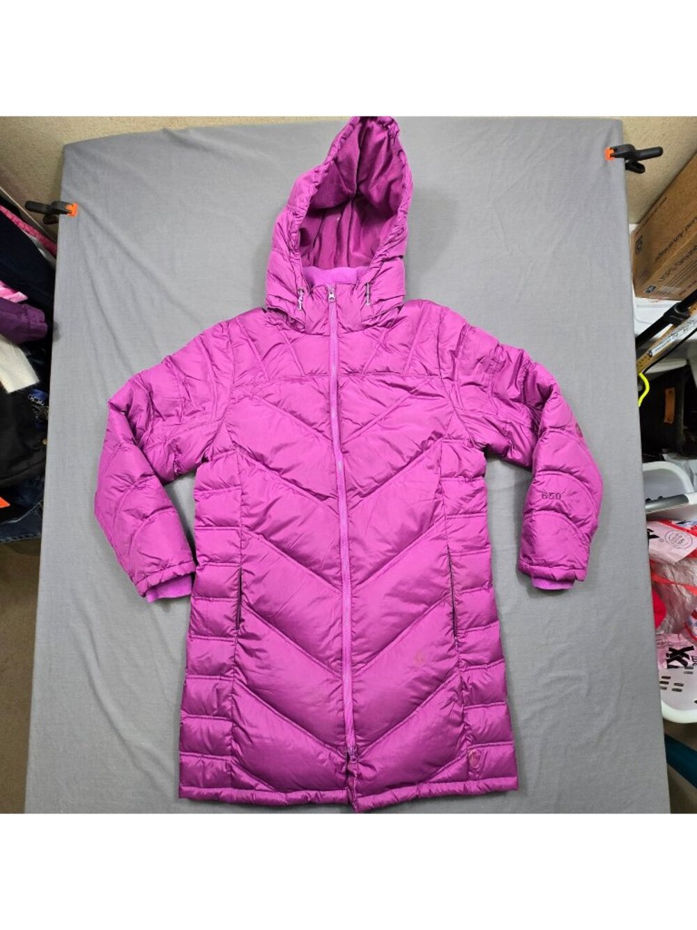 Cabelas Large Long Womens Goose Down Jacket Purple Hooded 650 Fill Power Puffer
